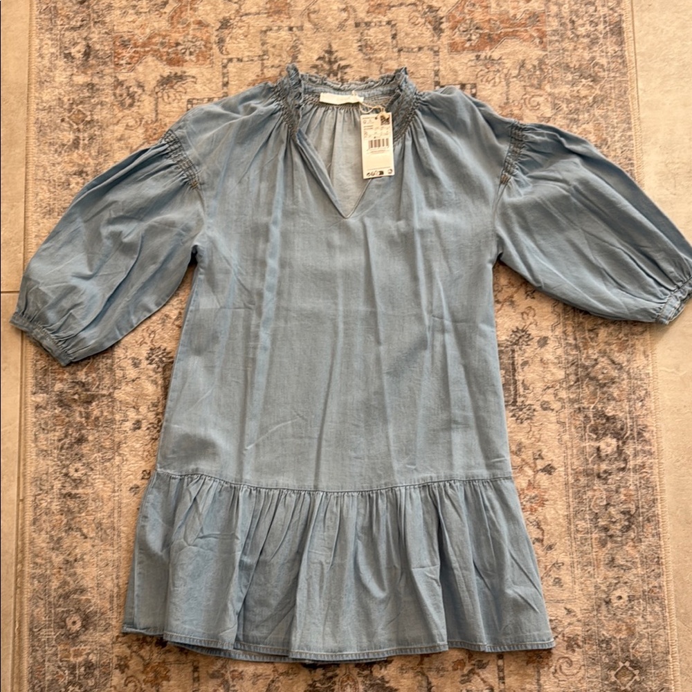 Mango Gray Puff Sleeve Blouse with Ruffled Mandarin Collar